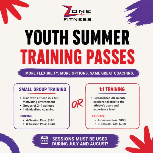 Just a reminder about the Youth Summer Training Pass we are now offering! DM us or send us an email for more information and to reserve a pass, it’s gonna be a lot of fun! We’d love to see you in the studio soon! 🤸🏻‍♀️💪⚡️🏋🏻‍♂️

#summertraining #youthtraining #summercamp #zonefitnesschelmsford #personaltraining